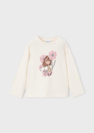 Mayoral 4-10 Yaş Kız Çocuk Bej Renk Çiçek ve Kız Baskılı Pamuklu Sweat, Pembe ve Gri Taytlı 3’lü Takım