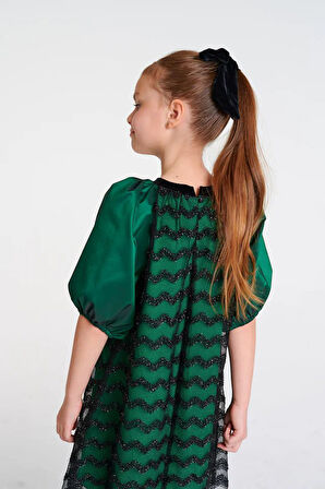 SHE&SHE 4-12 YAŞ ARASI BALON KOL ELBİSE - YEŞİL