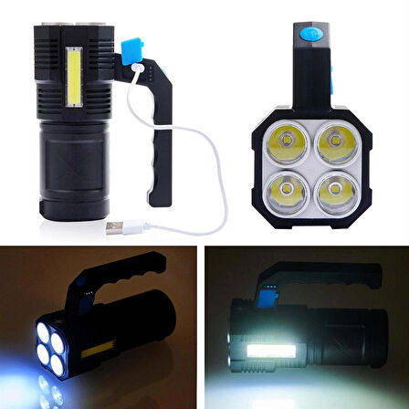 Şarjlı Ultra Parlak 4 LED + Yan Cob LED Saplı El Feneri Kamp Avcılık Günlük Yaşam Kullanım