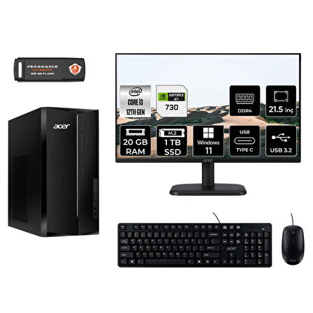 ACER ASPİRE TC1760 MDT004D368 i3 12100 20GB RAM 1TB SSD GT730 4GB 21.5" W11H MASAÜSTÜ PC