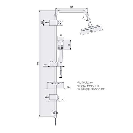 Ar Suga Duş Kolonlu Duş Seti Tek Fonksiyonlu