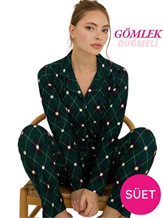 Kadın Gömlek Yaka Önden Düğmeli Saten Biyeli Göğüs Cepli İnce Süet Kışlık Uzun Kol Pijama Takımı