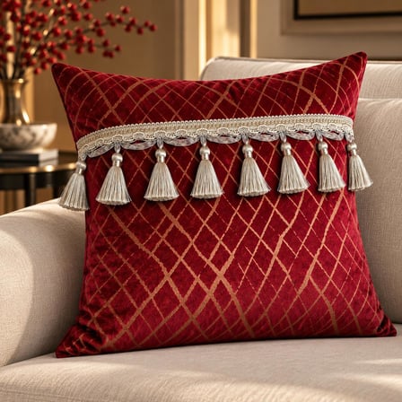 Bordo Gold Desenli Püsküllü Dekoratif Kırlent
