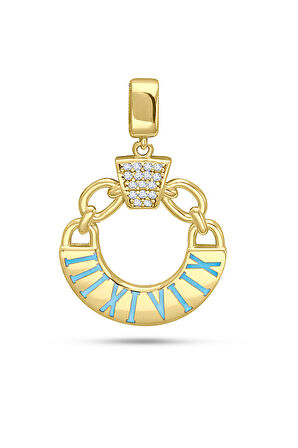 Mavi Mineli Altın Roma Rakamlı Kolye Ucu