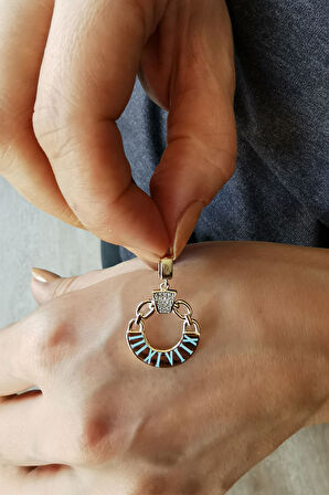 Mavi Mineli Altın Roma Rakamlı Kolye Ucu