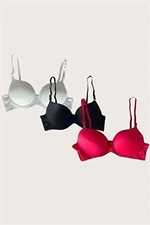 Bicomi Beyaz-Siyah-Kırmızı 3lü Mikro Kumaş Push Up Dolgulu Balenli Günlük Destekli Sütyen