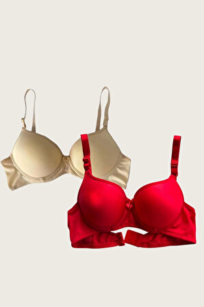 Bicomi Kırmızı-Ten 2li Mikro Kumaş İçi Boş Balenli Günlük Desteksiz Sütyen