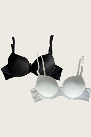 Bicomi Siyah-Beyaz 2li Mikro Kumaş Push Up Dolgulu Balenli Günlük Destekli Sütyen