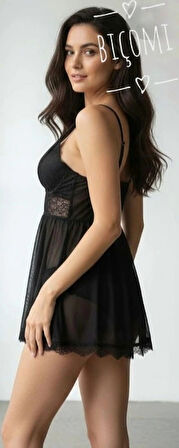 Transparan Siyah Dantel Detaylı Fantezi Tül Gecelik