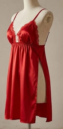 Biçomi SoftSatin Rahat Kesim Yandan Yırtmaçlı İnce Askılı Mini Gecelik-Kırmızı