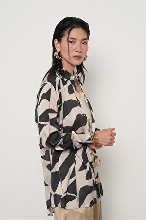 KADIN DESENLİ ÇİZGİ DETAYLI OVERSİZE GÖMLEK