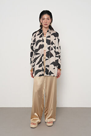 KADIN DESENLİ ÇİZGİ DETAYLI OVERSİZE GÖMLEK