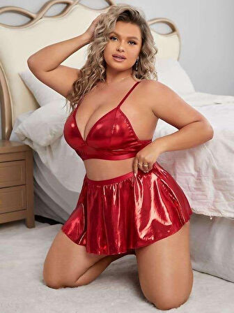 Bicomi Büyük Beden Kırmızı Deri Etekli Fantezi Kostüm