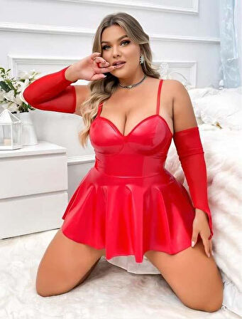 Bicomi Büyük Beden Kırmızı Parlak Deri Fantezi Elbise