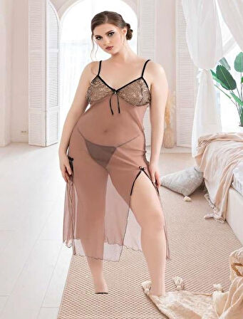 Bicomi Büyük Beden Kahverengi Tül Fantezi Uzun Yırtmaçlı Gecelik