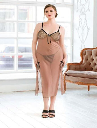 Bicomi Büyük Beden Kahverengi Tül Fantezi Uzun Yırtmaçlı Gecelik