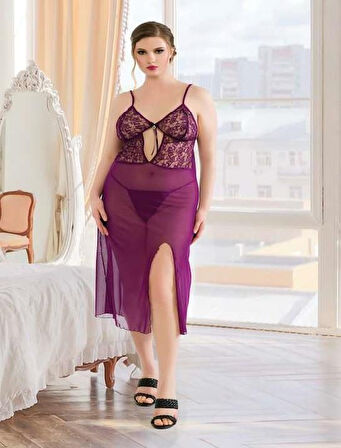 Bicomi Büyük Beden Mor Dantelli Tül Fantezi Uzun Yırtmaçlı Gecelik