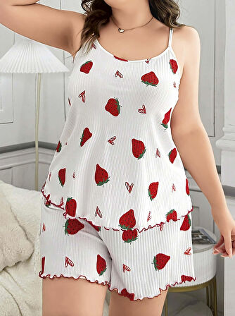 Bicomi Büyük Beden Çilek Desen Pamuklu Şortlu Pijama Takımı