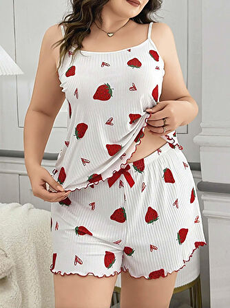 Bicomi Büyük Beden Çilek Desen Pamuklu Şortlu Pijama Takımı