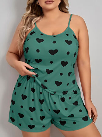 Bicomi Büyük Beden Yeşil Kalp Desen Pamuklu Şortlu Pijama Takımı