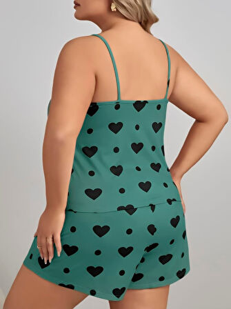 Bicomi Büyük Beden Yeşil Kalp Desen Pamuklu Şortlu Pijama Takımı