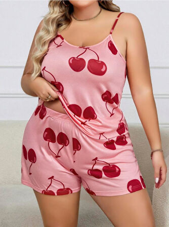 Bicomi Büyük Beden Pembe Kiraz Desen İnce Askılı Pamuklu Şortlu Pijama Takımı