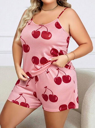 Bicomi Büyük Beden Pembe Kiraz Desen İnce Askılı Pamuklu Şortlu Pijama Takımı