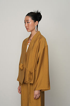 Kadın Gül Detaylı Yandan Bağlamalı Düz Renk Kimono-Ceket