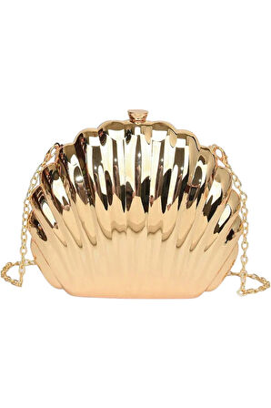 Josiana Gold İstiridye Model Zincir Askılı Dokulu Clutch Abiye Portföy Çanta