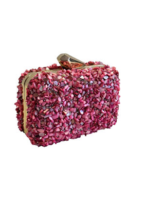 Juliet Pembe Doğal Taşlı Clutch Abiye Portföy Çanta