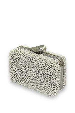 Juliet Beyaz Boncuklu Clutch Abiye Portföy Çanta