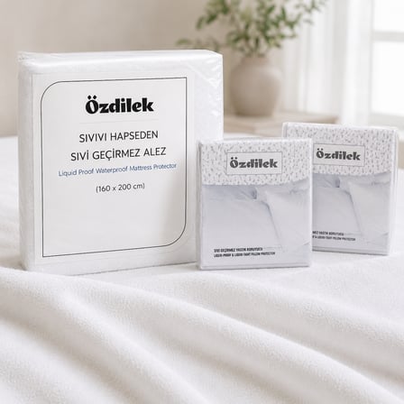 Özdilek Sıvı Geçirmez Yatak Koruyucu Seti – Fitted Lastikli Alez + 2 Adet Sıvı Geçirmez Yastık Alezi – %80 Pamuk %20 Polyester Üst Yüzey