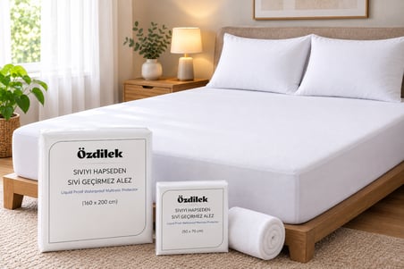 Özdilek Sıvı Geçirmez Yatak Koruyucu Seti – Fitted Lastikli Alez + 2 Adet Sıvı Geçirmez Yastık Alezi – %80 Pamuk %20 Polyester Üst Yüzey
