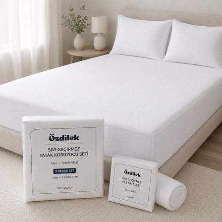 Özdilek Sıvı Geçirmez Yatak Koruyucu Seti – Fitted Lastikli Alez + 2 Adet Sıvı Geçirmez Yastık Alezi – %80 Pamuk %20 Polyester Üst Yüzey