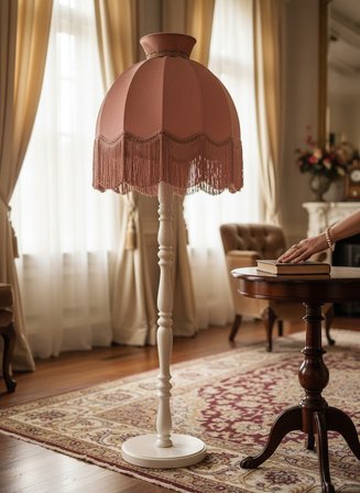 Pembe Kadife Başlık Beyaz Ahşap Ayaklı Taçlı Lambader Vintage Model 50x170cm
