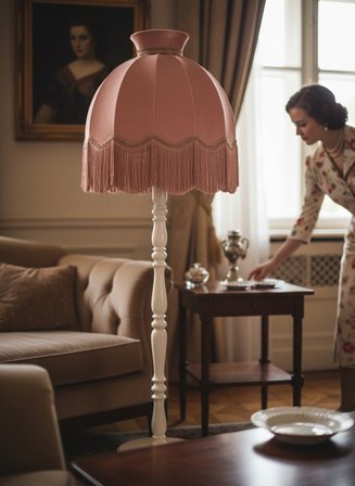 Pembe Kadife Başlık Beyaz Ahşap Ayaklı Taçlı Lambader Vintage Model 50x170cm