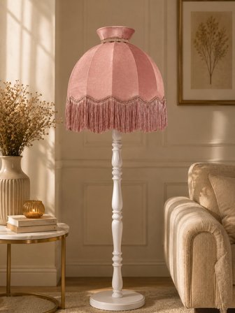 Pembe Kadife Başlık Beyaz Ahşap Ayaklı Taçlı Lambader Vintage Model 50x170cm