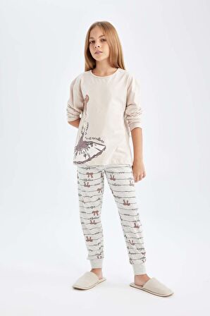 DeFacto Kız Çocuk Pijama Takımı Bisiklet Yaka Baskılı Uzun Kollu Üst Uzun Alt D6056A824AUBG107
