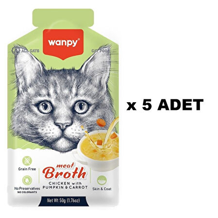 Wanpy Kediler için Bal Kabağı & Havuçlu Tavuk Eti Çorbası 50 Gr X 5 ADET