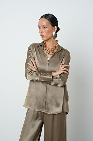 Kadın V Yaka Açık Haki Renk Düz %100 Viskoz Altın Düğmeli Gömlek