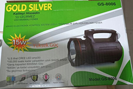  Gold Silver GS-8006 Su Geçirmez Projektör El Feneri 15 Watt 5000 Metre Işık Uzantılı 