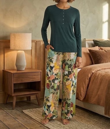 Biçomi Çiçek ve Yaprak Desenli Nefes Alan Yumuşak Doku Ev & Uyku Pijama Takımı