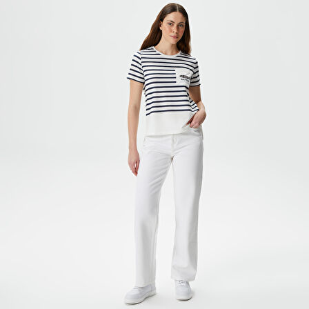 Nautica Kadın Beyaz Regular Fit Çizgili T-Shirt