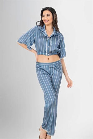 Bicomi 2li Desenli Saten Pijama Takımı