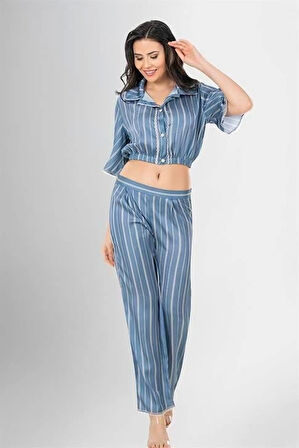 Bicomi 2li Desenli Saten Pijama Takımı