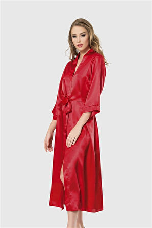 Bicomi Kırmızı Uzun Saten Sabahlık