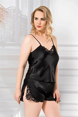 Bicomi Büyük Beden Siyah Saten Babydoll Şort Takımı