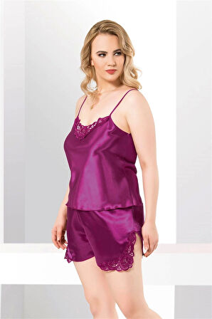 Bicomi Büyük Beden Mor Saten Babydoll Şort Takımı