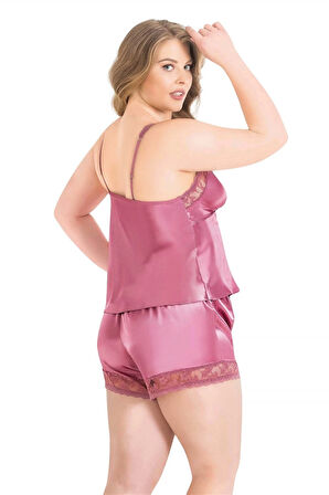 Bicomi Büyük Beden Gül Kurusu Saten Babydoll Şort Takımı