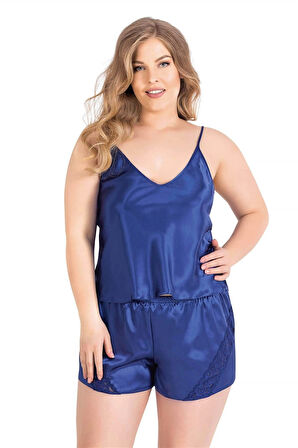 Bicomi Büyük Beden Saks Saten Babydoll Şort Takımı
